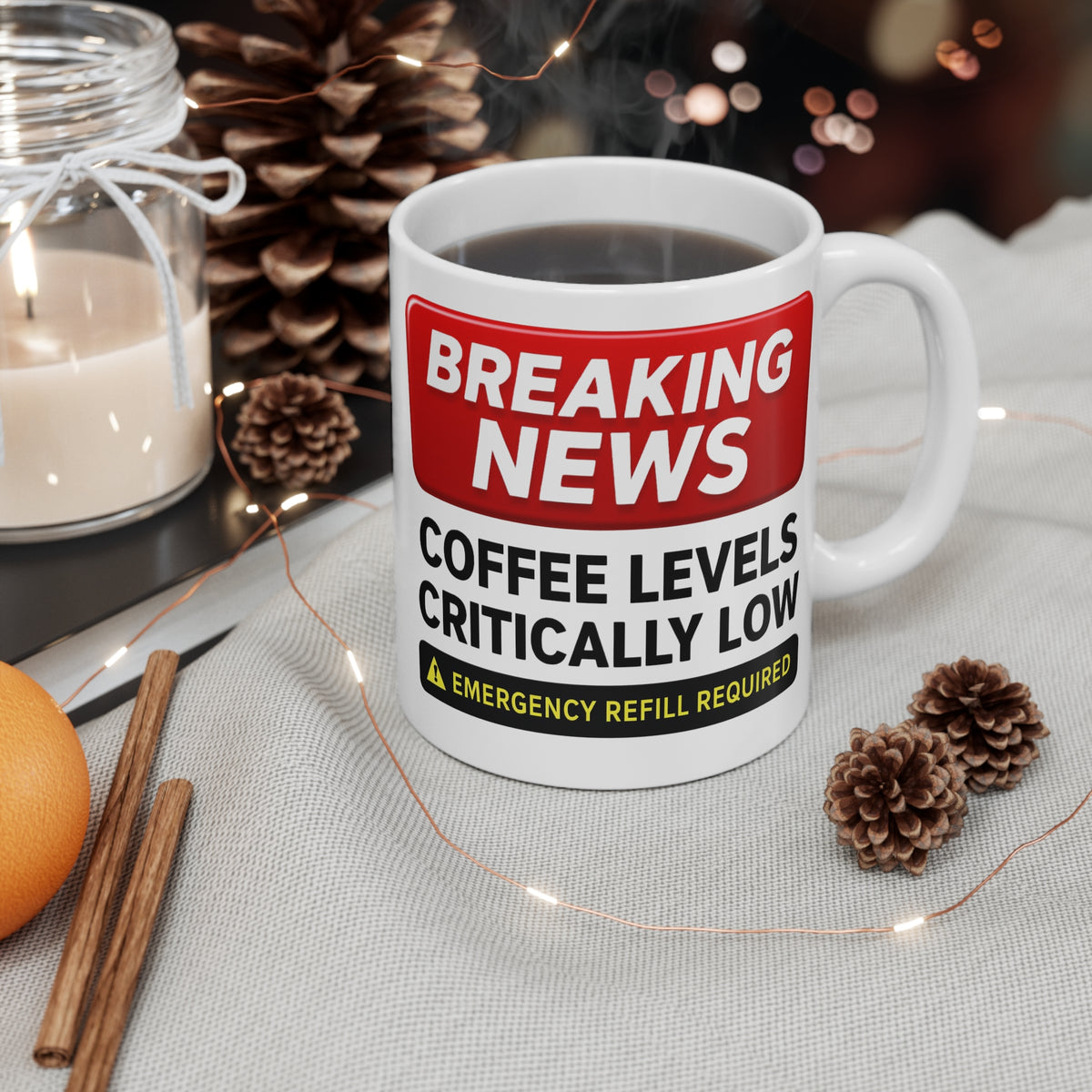 11oz Mug — "Breaking News: Coffee Levels Critically Low — Emergency Refill Required"